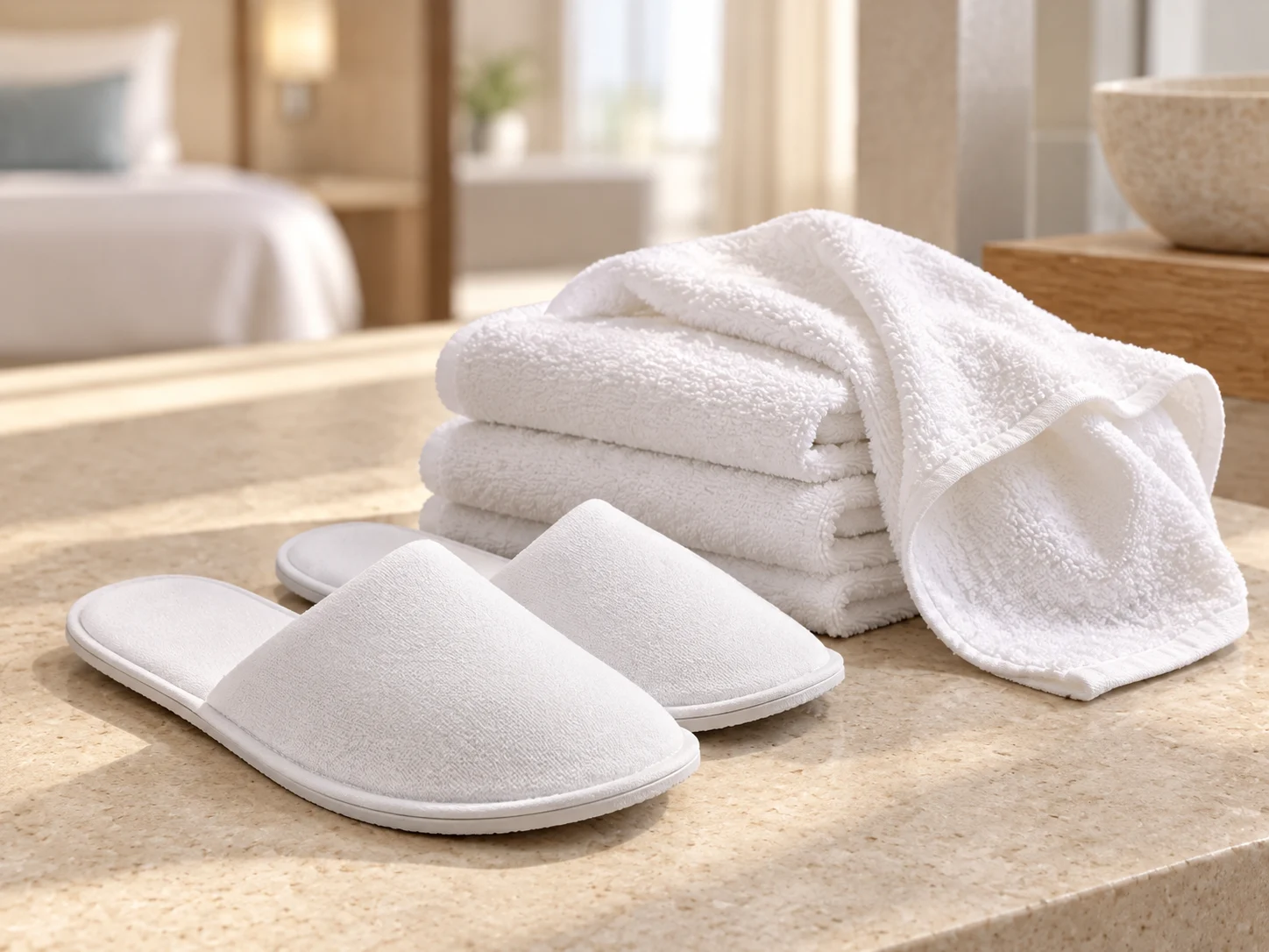 Hotel slippers and 100% cotton hotel towels arranged in a guest room